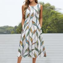 Women's Fashionable Retro Floral Print Round Neck Sleeveless Casual Pullover Pocket Mid Length Dress M žalia