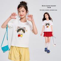 Yuanyuan Princess Girls' 3D Cat Pom-pom Short Sleeve T-Shirt 120 balta