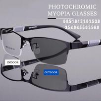 PC Resin Photochromic Myopia Glasses Black+Blue Rectangle UV Shades Sunglasses Half Frame Strength: -0~-4.0x 0