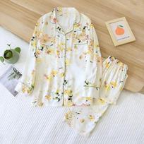 Updated Spring and Summer Ladies Pajamas Two-piece Viscose Long-sleeved Trousers Big Flower Cardigan Comfortable Home Service Kit M