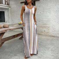 Women's Dress Casual Flowy Dresses R-neck Vocation Boho Beach Sundress L smėlis