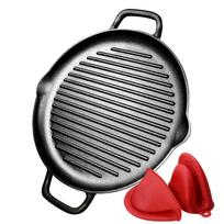 Pre-Seasoned Cast Iron Griddle Pan - 12 Inch Round Grill Pan with Dual Handles For BBQ and Stove Top Cooking For Steak Meats