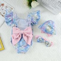 Žavingas mergaičių princesės undinėlės viengubas maudymosi kostiumas (Amžius 1-6 metai) Size 90: Swimsuit + Round Hat + Headband