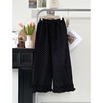 Summer Thin Wood Ear Lace Versatile Elastic Waist Straight-leg Polka Dot Solid Color Wide-leg Casual Pants Trendy M juoda