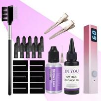 Profesionalus UV plaukų priauginimo rinkinys su greito kietėjimo lempa ir UV apsaugomis, 30 g klijų ir 30 ml valiklio greitam džiūvimui, plaukų ir blakstienų priauginimui salone ir namuose A Set