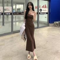 Sweet Spice Girl Sleeveless Waist Short Sleeve Halter Suspender Dress Women's Summer Pure Desire Temperament Fish Tail Hips Wrap M tamsiai ruda spalva
