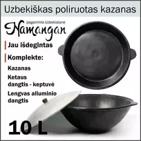 Uzbekiškas poliruotas kazanas 10L (Namangan) su ketaus dangčiu-keptuve | plokščias dugnas