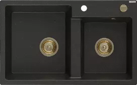 Granitinė virtuvinė plautuvė Mexen Tomas su sifonu, Metallic Juodas/Gold+Gold, 800 x 500 mm