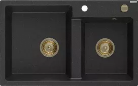 Granitinė virtuvinė plautuvė Mexen Tomas su sifonu, Metallic Juodas/Sidabrinis+Gold, 800 x 500 mm