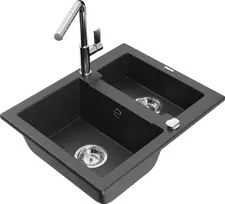 Granitinė virtuvinė plautuvė Mexen Carlos su maišytuvu ir sifonu, Juodas granite+Chrome