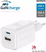 Swissten kelioninis įkroviklis GaN USB-C / PD USB-A / 18W QC / 45W