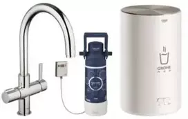 Grohe Raudonas „Basic Duo“ chromuotas virtuvinis maišytuvas su C formos snapeliu ir virduliu, M dydžio