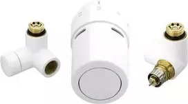 DANFOSS RTX tipo vožtuvų komplektas su grįžtamojo vandens termostatu, kuris matuoja vandens temperatūrą. Valdymo vožtuvo / RTX grįžtamojo vandens termostato montavimas dešinėje.