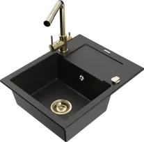 Granitinė virtuvinė plautuvė Mexen Enzo su maišytuvu ir sifonu, Metallic juodas/auksinis+Gold