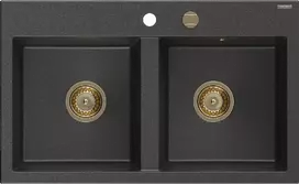 Granitinė virtuvinė plautuvė Mexen Hektor su sifonu, Juodas granite+Gold, 800 x 480 mm