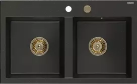Granitinė virtuvinė plautuvė Mexen Hektor su sifonu, Metallic juodas/auksinis+Gold, 800 x 480 mm
