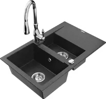 Granitinė virtuvinė plautuvė Mexen Gaspar su maišytuvu ir sifonu, Juodas granite+Chrome