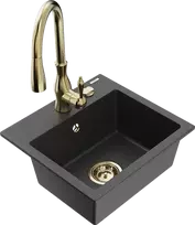 Granitinė virtuvinė plautuvė Mexen Milo su maišytuvu ir sifonu, Juodas granite+Gold