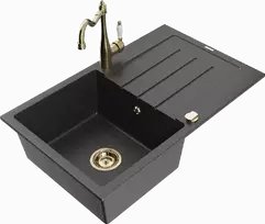Granitinė virtuvinė plautuvė Mexen Bruno su maišytuvu ir sifonu, Juodas granite+Gold