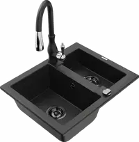 Granitinė virtuvinė plautuvė Mexen Carlos su maišytuvu ir sifonu, Metallic juodas/auksinis+Juodas