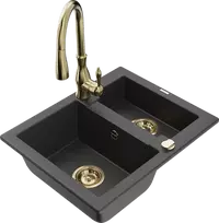 Granitinė virtuvinė plautuvė Mexen Carlos su maišytuvu ir sifonu, Juodas granite+Gold