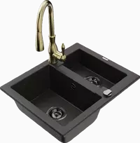 Granitinė virtuvinė plautuvė Mexen Carlos su maišytuvu ir sifonu, Metallic juodas/auksinis+Gold