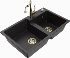 Granitinė virtuvinė plautuvė Mexen Tomas su maišytuvu ir sifonu, Metallic juodas/sidabrinis+Gold