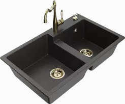 Granitinė virtuvinė plautuvė Mexen Tomas su maišytuvu ir sifonu, Juodas granite+Gold