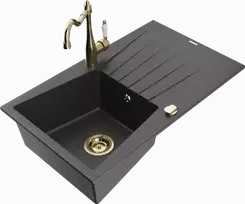 Granitinė virtuvinė plautuvė Mexen Cesar su maišytuvu ir sifonu, Juodas granite+Gold
