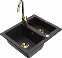 Granitinė virtuvinė plautuvė Mexen Carlos su maišytuvu ir sifonu, Metallic juodas/auksinis+Gold