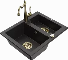 Granitinė virtuvinė plautuvė Mexen Carlos su maišytuvu ir sifonu, Metallic juodas/sidabrinis+Gold