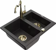 Granitinė virtuvinė plautuvė Mexen Carlos su maišytuvu ir sifonu, Metallic juodas/auksinis+Gold