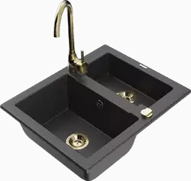 Granitinė virtuvinė plautuvė Mexen Carlos su maišytuvu ir sifonu, Juodas granite+Gold