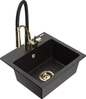 Granitinė virtuvinė plautuvė Mexen Milo su maišytuvu ir sifonu, Metallic juodas/auksinis+Juodas/Gold