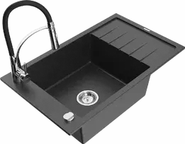 Granitinė virtuvinė plautuvė Mexen Elias su maišytuvu ir sifonu, Juodas granite+Juodas/Chrome