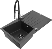 Granitinė virtuvinė plautuvė Mexen Cesar su maišytuvu ir sifonu, Juodas granite+Juodas/Chrome