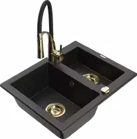 Granitinė virtuvinė plautuvė Mexen Carlos su maišytuvu ir sifonu, Metallic juodas/auksinis+Juodas/Gold