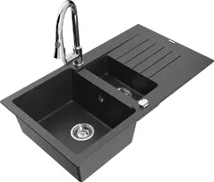 Granitinė virtuvinė plautuvė Mexen Matias su maišytuvu ir sifonu, Juodas granite+Chrome