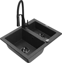 Granitinė virtuvinė plautuvė Mexen Carlos su maišytuvu ir sifonu, Juodas granite+Juodas