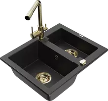Granitinė virtuvinė plautuvė Mexen Carlos su maišytuvu ir sifonu, Metallic juodas/sidabrinis+Gold