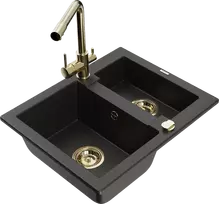 Granitinė virtuvinė plautuvė Mexen Carlos su maišytuvu ir sifonu, Metallic juodas/auksinis+Gold