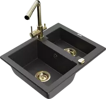 Granitinė virtuvinė plautuvė Mexen Carlos su maišytuvu ir sifonu, Juodas granite+Gold