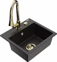 Granitinė virtuvinė plautuvė Mexen Milo su maišytuvu ir sifonu, Metallic juodas/auksinis+Gold