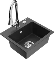 Granitinė virtuvinė plautuvė Mexen Milo su maišytuvu ir sifonu, Juodas granite+Chrome