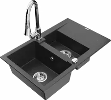 Granitinė virtuvinė plautuvė Mexen Gaspar su maišytuvu ir sifonu, Juodas granite+Chrome