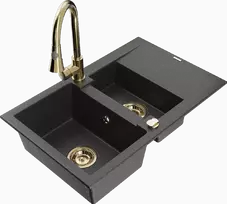Granitinė virtuvinė plautuvė Mexen Gaspar su maišytuvu ir sifonu, Juodas granite+Gold