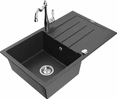 Granitinė virtuvinė plautuvė Mexen Bruno su maišytuvu ir sifonu, Juodas granite+Chrome