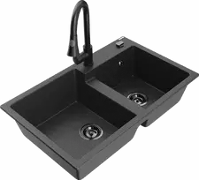 Granitinė virtuvinė plautuvė Mexen Tomas su maišytuvu ir sifonu, Juodas granite+Juodas