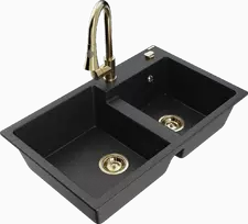 Granitinė virtuvinė plautuvė Mexen Tomas su maišytuvu ir sifonu, Metallic juodas/sidabrinis+Gold