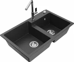 Granitinė virtuvinė plautuvė Mexen Tomas su maišytuvu ir sifonu, Juodas granite+Chrome